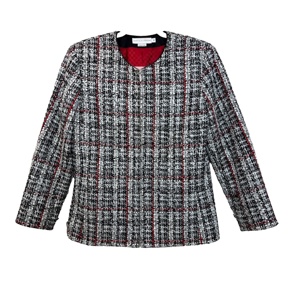 Vtg Garfield Marks Women Zip Blazer Jacket Black White‎ Red Plaid Tweed Sz 4 USA